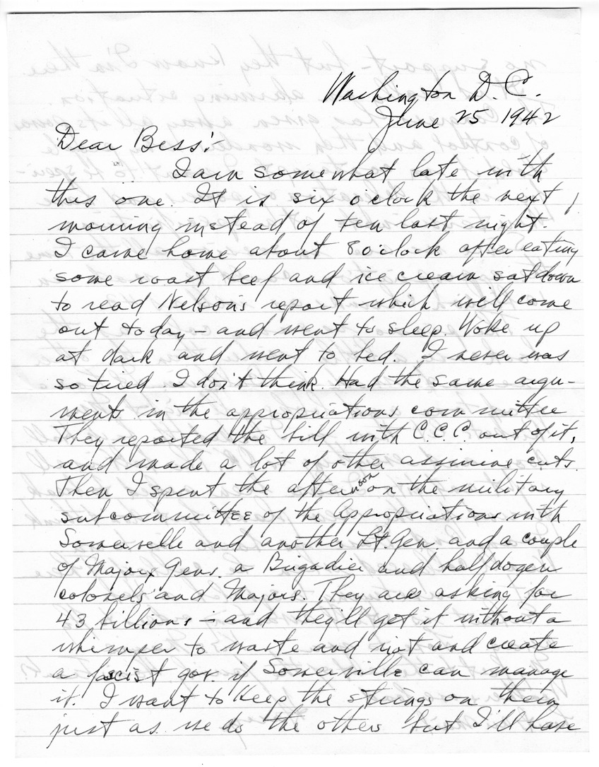 Letter from Harry S. Truman to Bess W. Truman