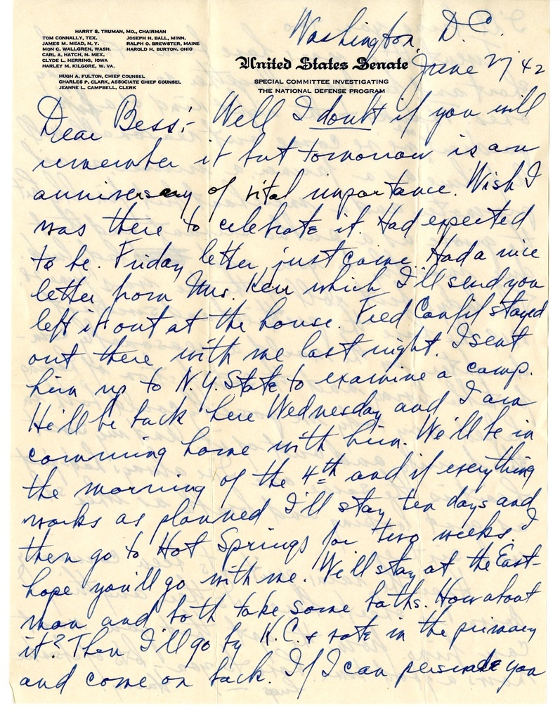 Letter from Harry S. Truman to Bess W. Truman