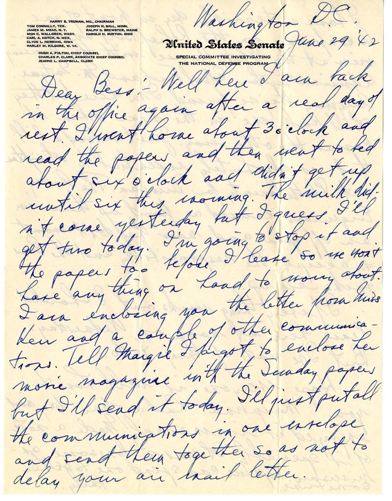 Letter from Harry S. Truman to Bess W. Truman