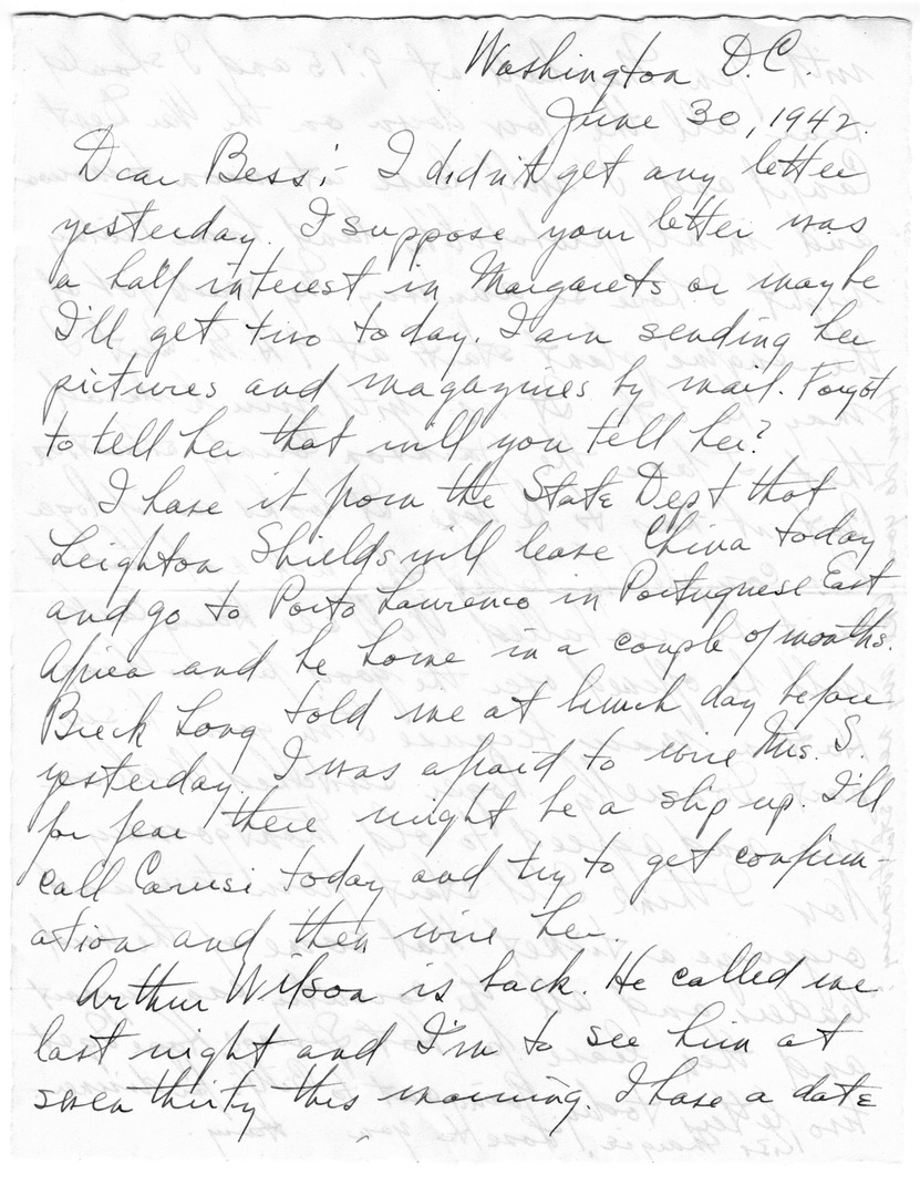 Letter from Harry S. Truman to Bess W. Truman