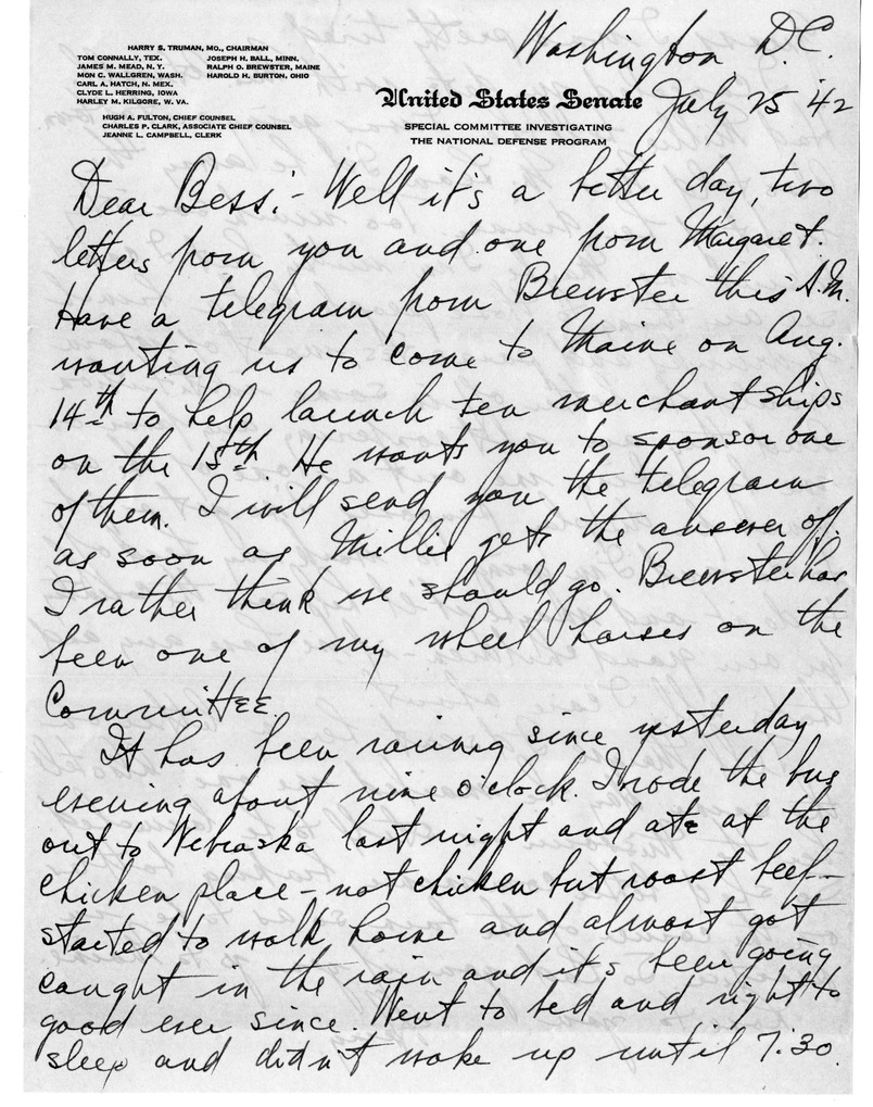 Letter from Harry S. Truman to Bess W. Truman