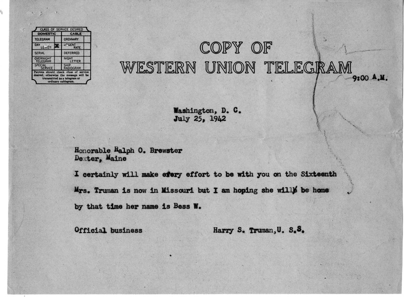Telegram from Senator Ralph O. Brewster to Harry S. Truman with Reply