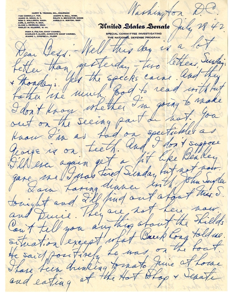 Letter from Harry S. Truman to Bess W. Truman