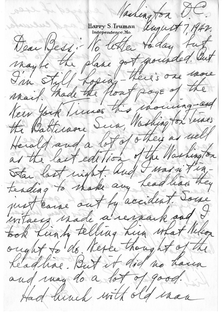 Letter from Harry S. Truman to Bess W. Truman