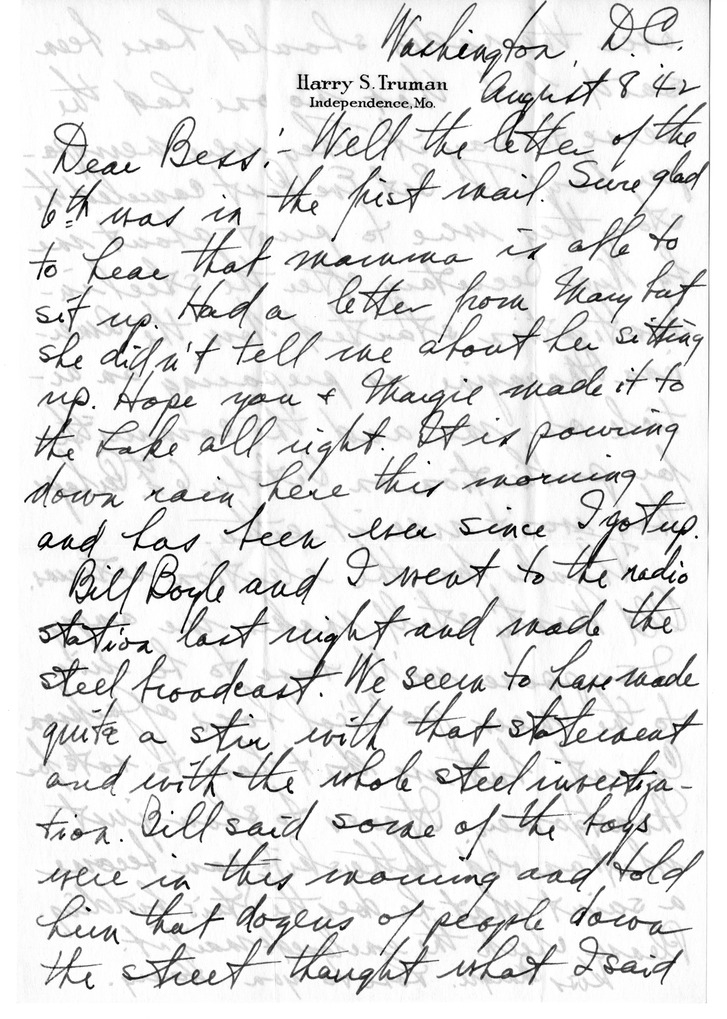 Letter from Harry S. Truman to Bess W. Truman