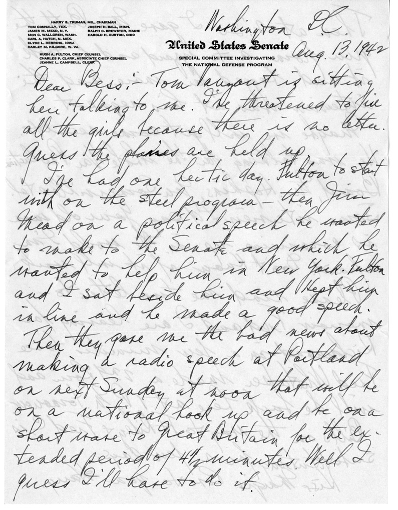 Letter from Harry S. Truman to Bess W. Truman