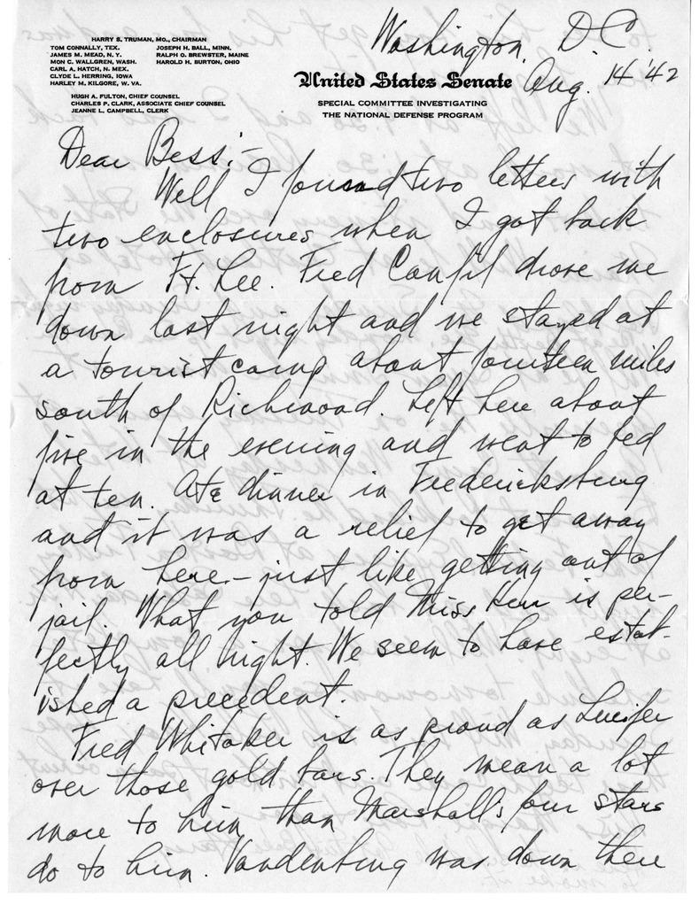 Letter from Harry S. Truman to Bess W. Truman