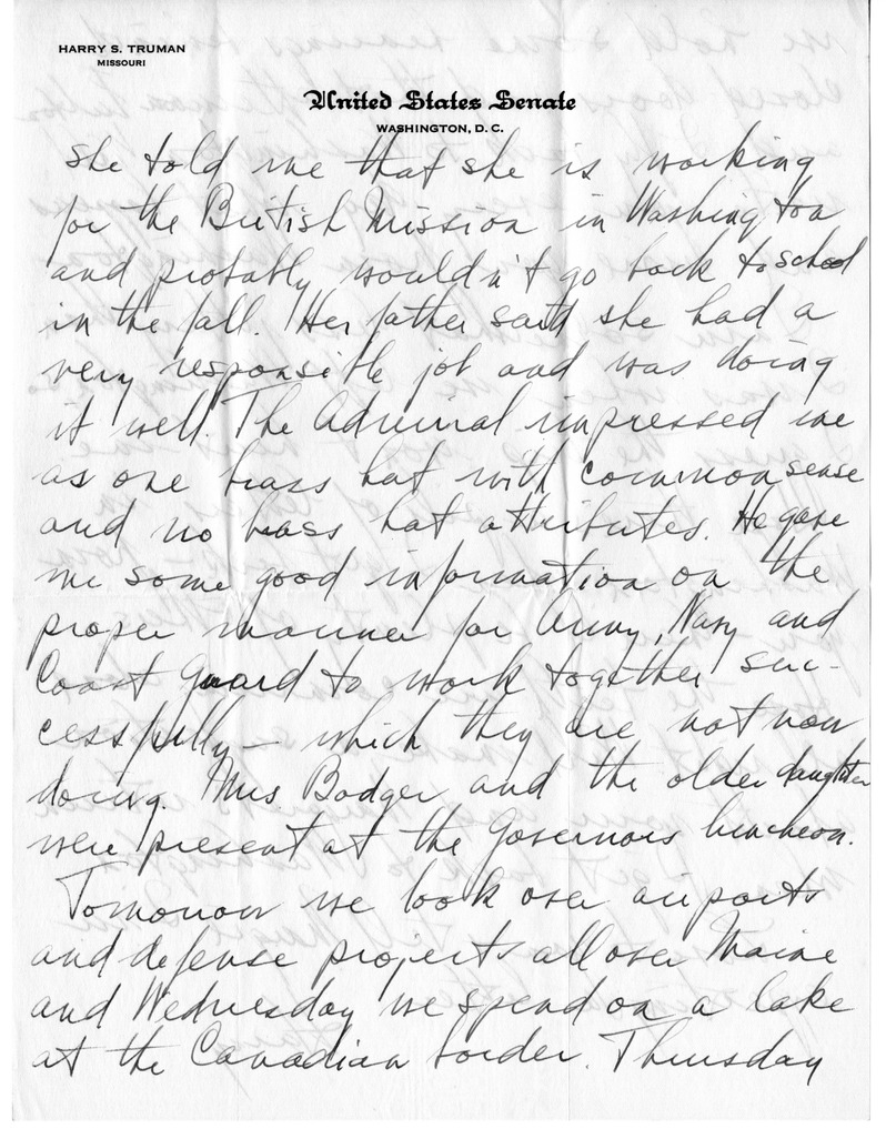 Letter from Harry S. Truman to Bess W. Truman