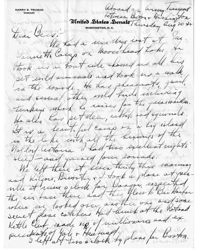 Letter from Harry S. Truman to Bess W. Truman