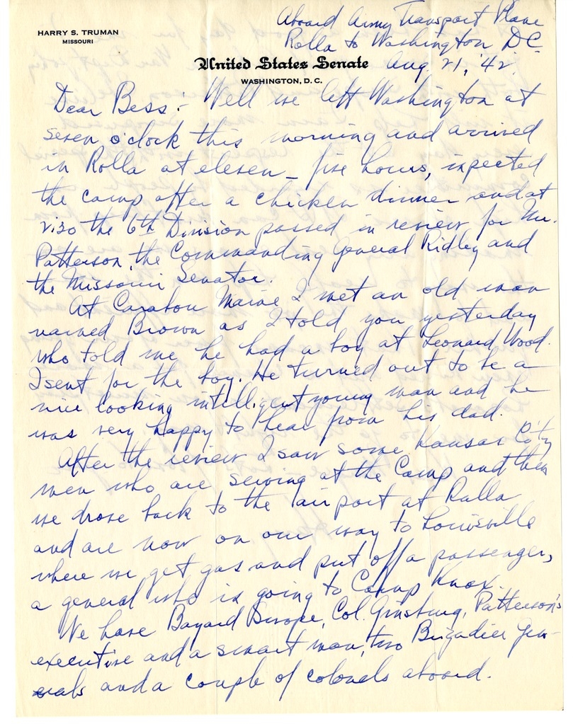 Letter from Harry S. Truman to Bess W. Truman