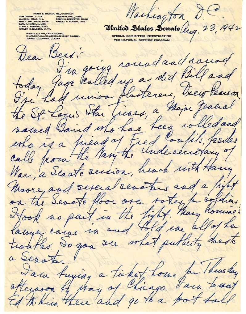 Letter from Harry S. Truman to Bess W. Truman