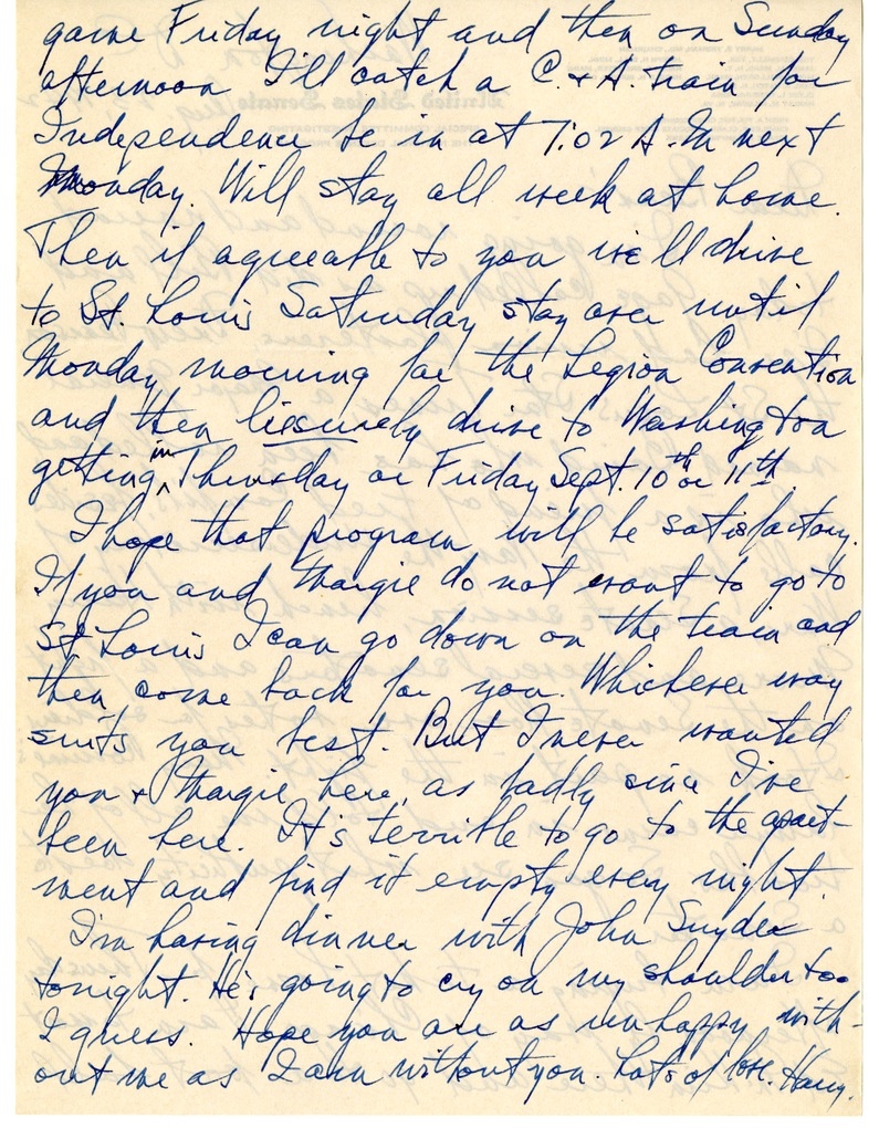Letter from Harry S. Truman to Bess W. Truman