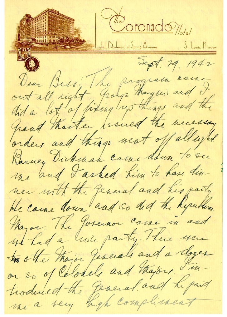 Letter from Harry S. Truman to Bess W. Truman