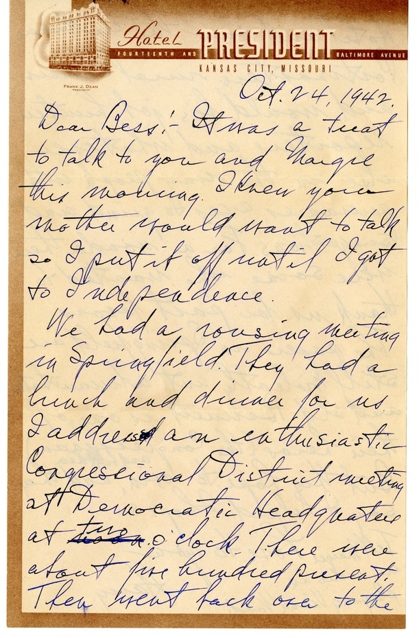 Letter from Harry S. Truman to Bess W. Truman