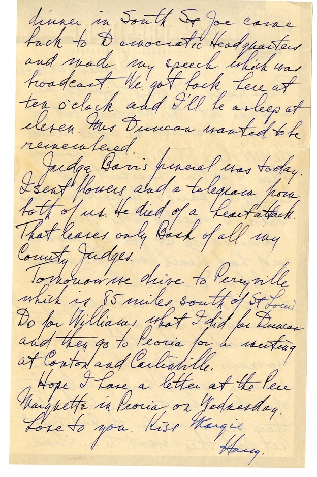 Letter from Harry S. Truman to Bess W. Truman