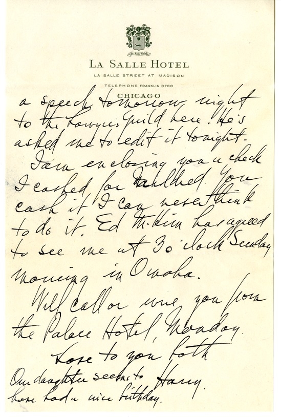 Letter from Harry S. Truman to Bess W. Truman