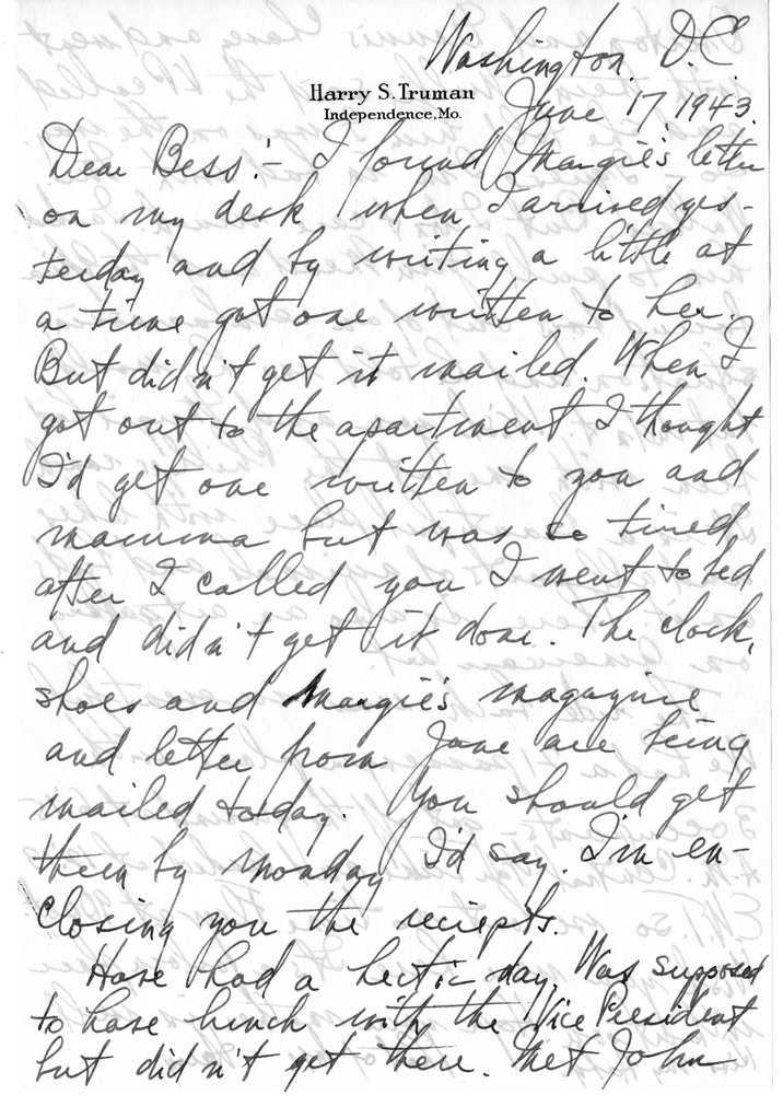 Letter from Harry S. Truman to Bess W. Truman