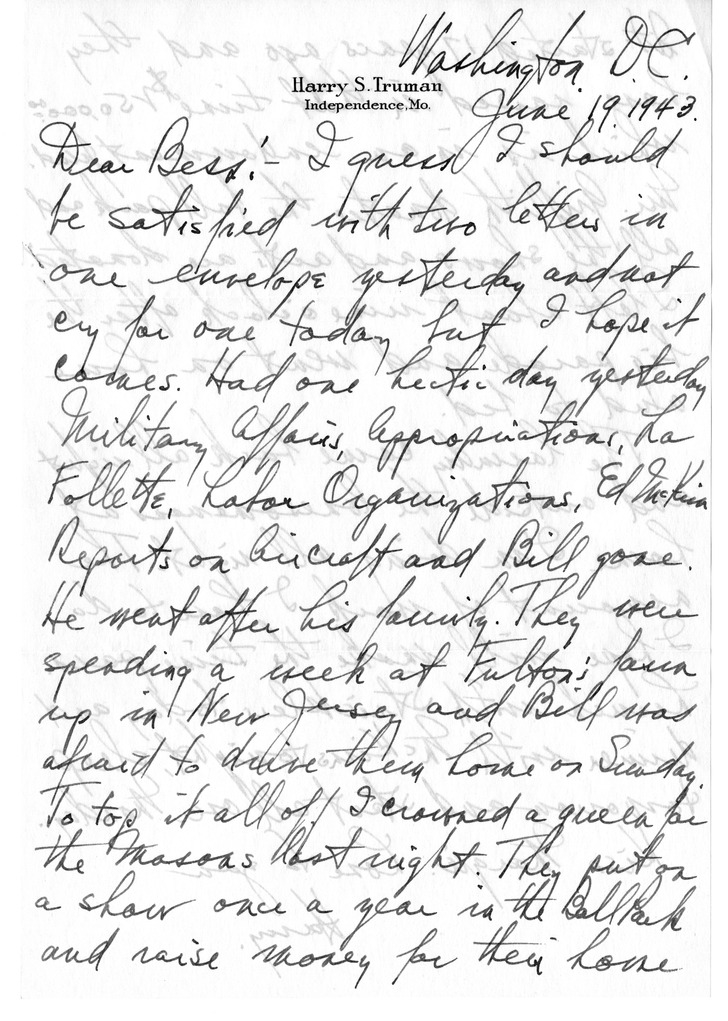 Letter from Harry S. Truman to Bess W. Truman