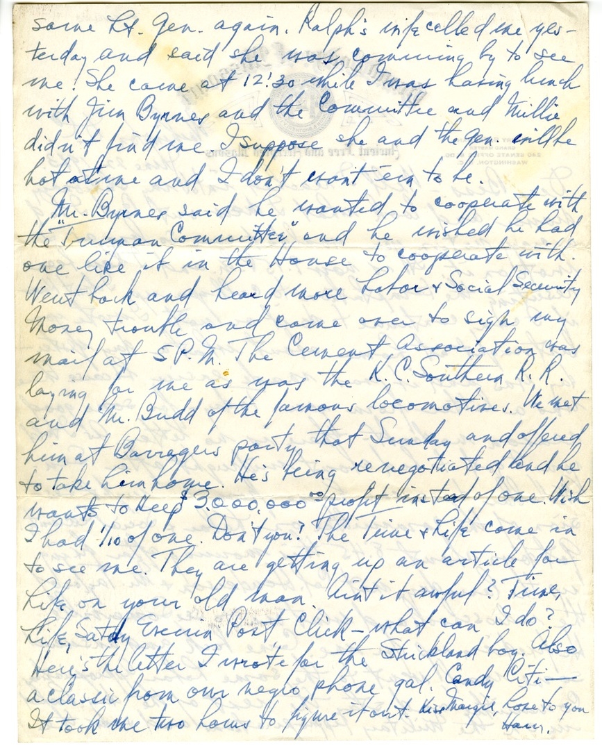 Letter from Harry S. Truman to Bess W. Truman