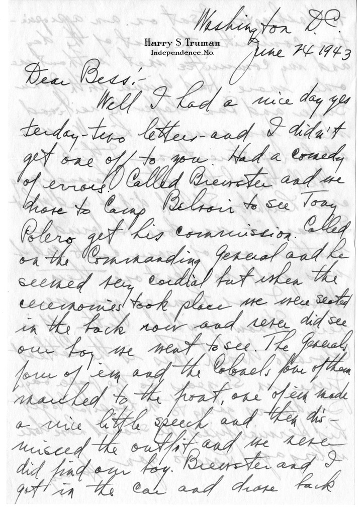 Letter from Harry S. Truman to Bess W. Truman