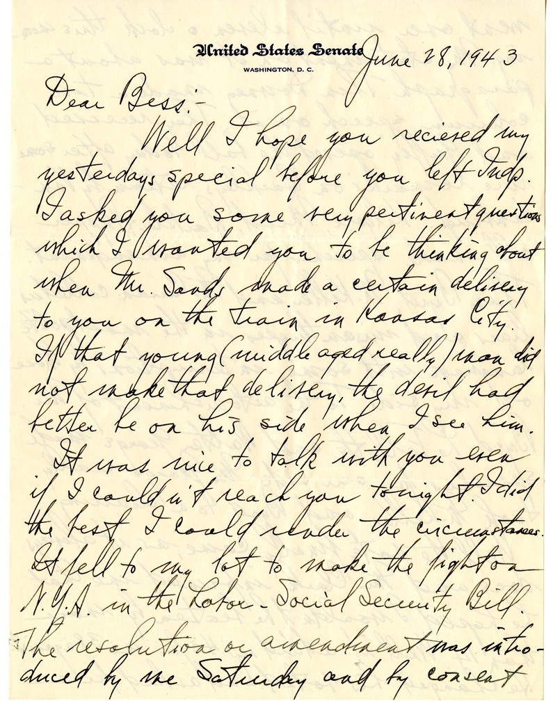 Letter from Harry S. Truman to Bess W. Truman
