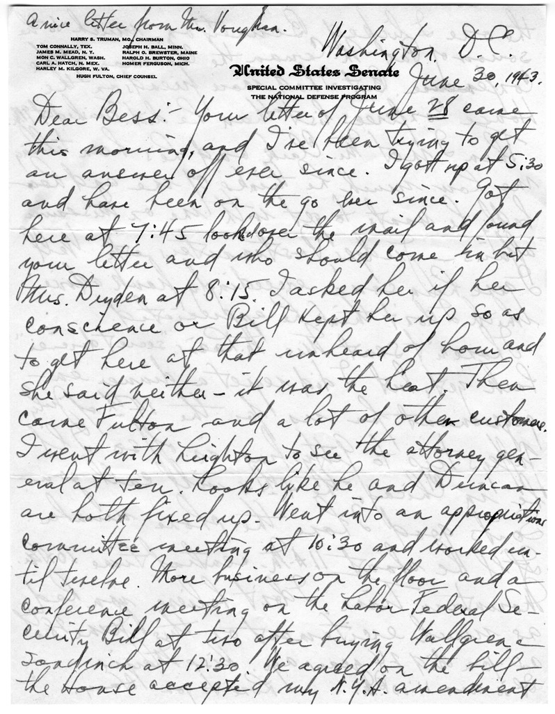 Letter from Harry S. Truman to Bess W. Truman