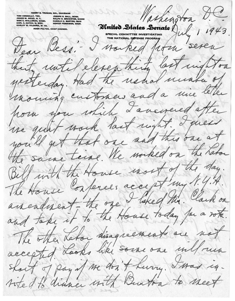 Letter from Harry S. Truman to Bess W. Truman