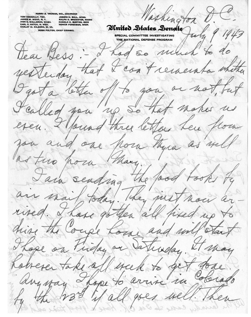 Letter from Harry S. Truman to Bess W. Truman