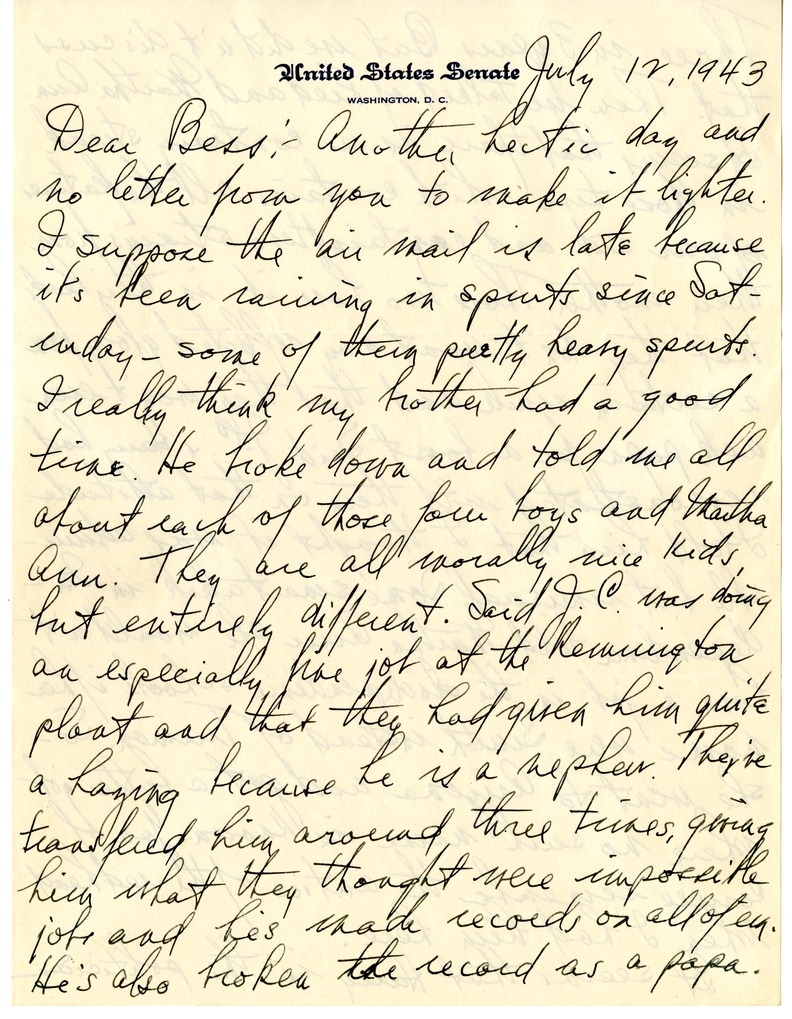 Letter from Harry S. Truman to Bess W. Truman