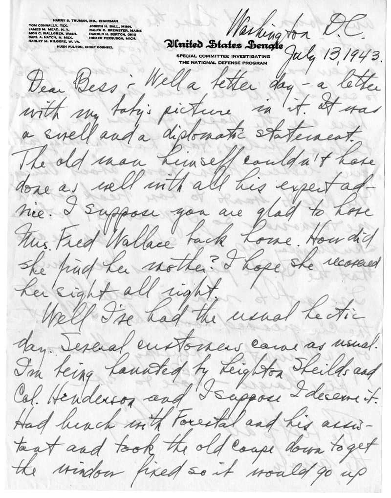 Letter from Harry S. Truman to Bess W. Truman