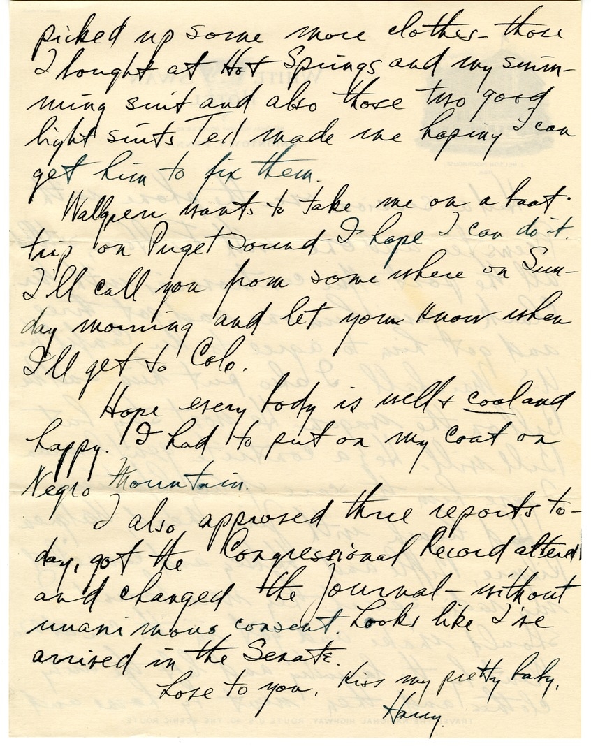 Letter from Harry S. Truman to Bess W. Truman