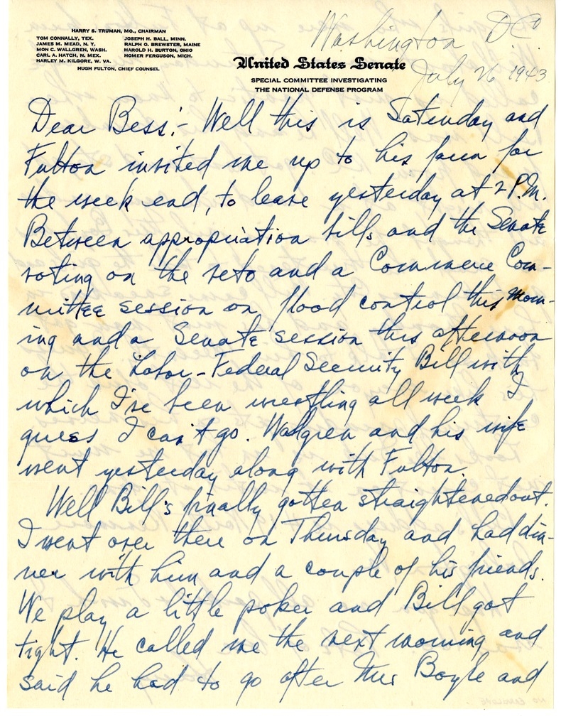 Letter from Harry S. Truman to Bess W. Truman