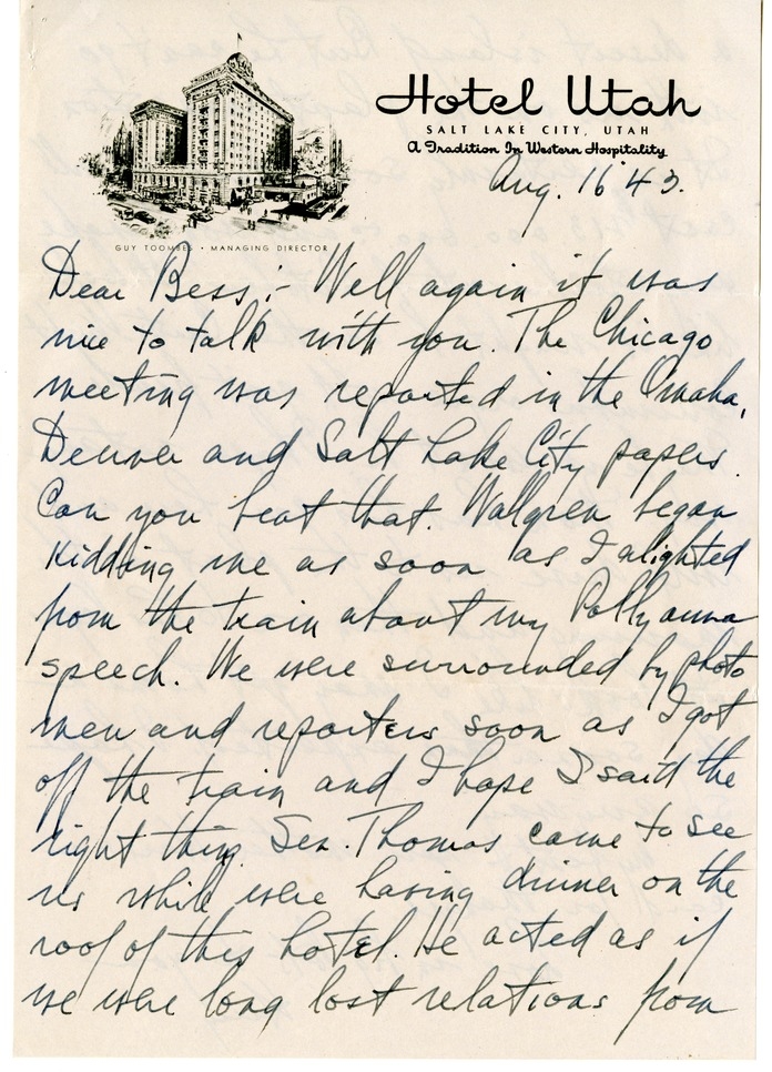 Letter from Harry S. Truman to Bess W. Truman