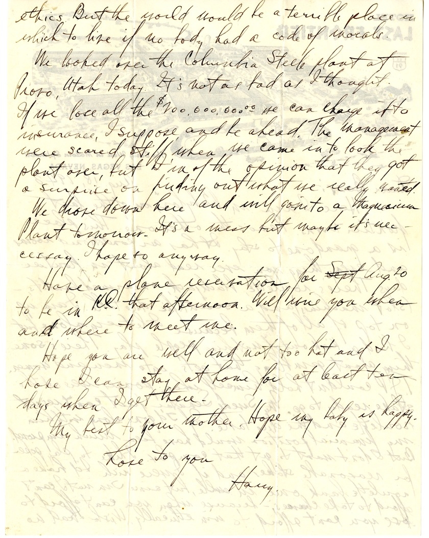 Letter from Harry S. Truman to Bess W. Truman