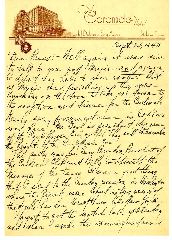 Letter from Harry S. Truman to Bess W. Truman