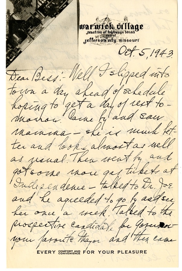 Letter from Harry S. Truman to Bess W. Truman