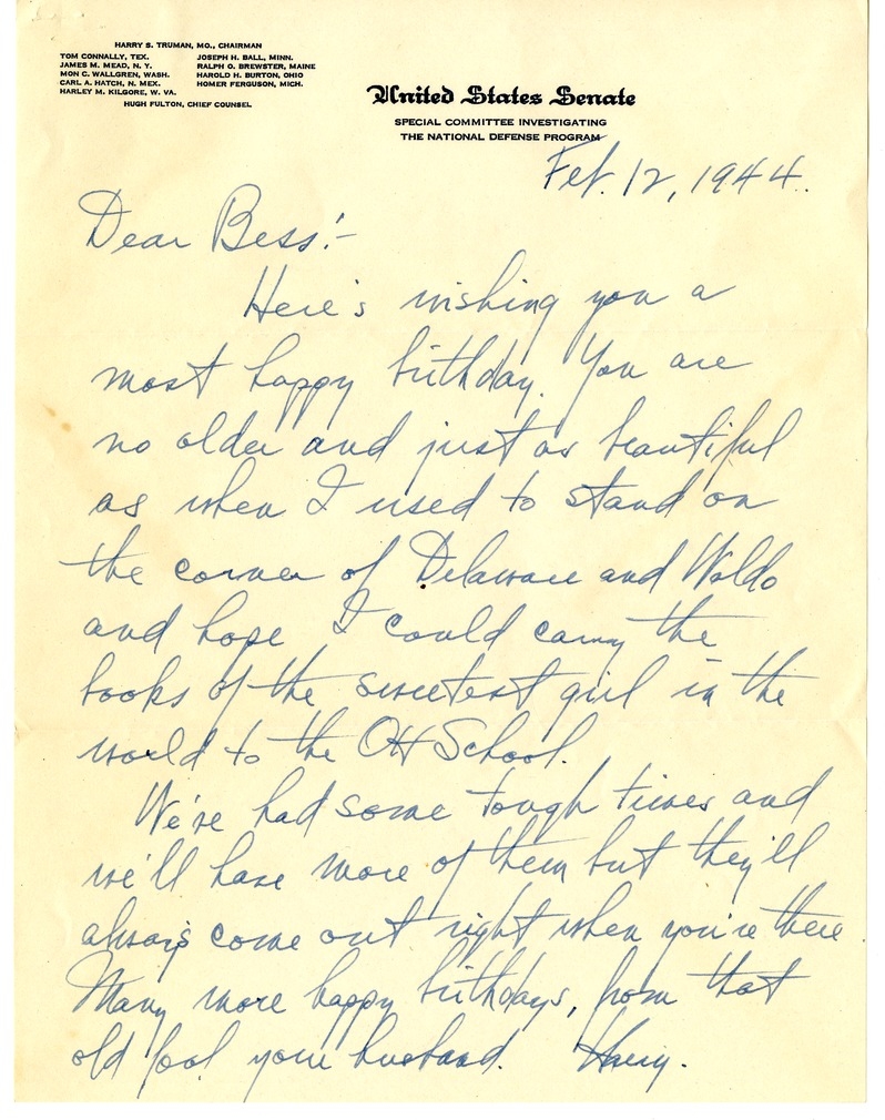 Letter from Harry S. Truman to Bess W. Truman