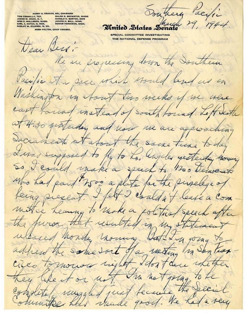 Letter from Harry S. Truman to Bess W. Truman
