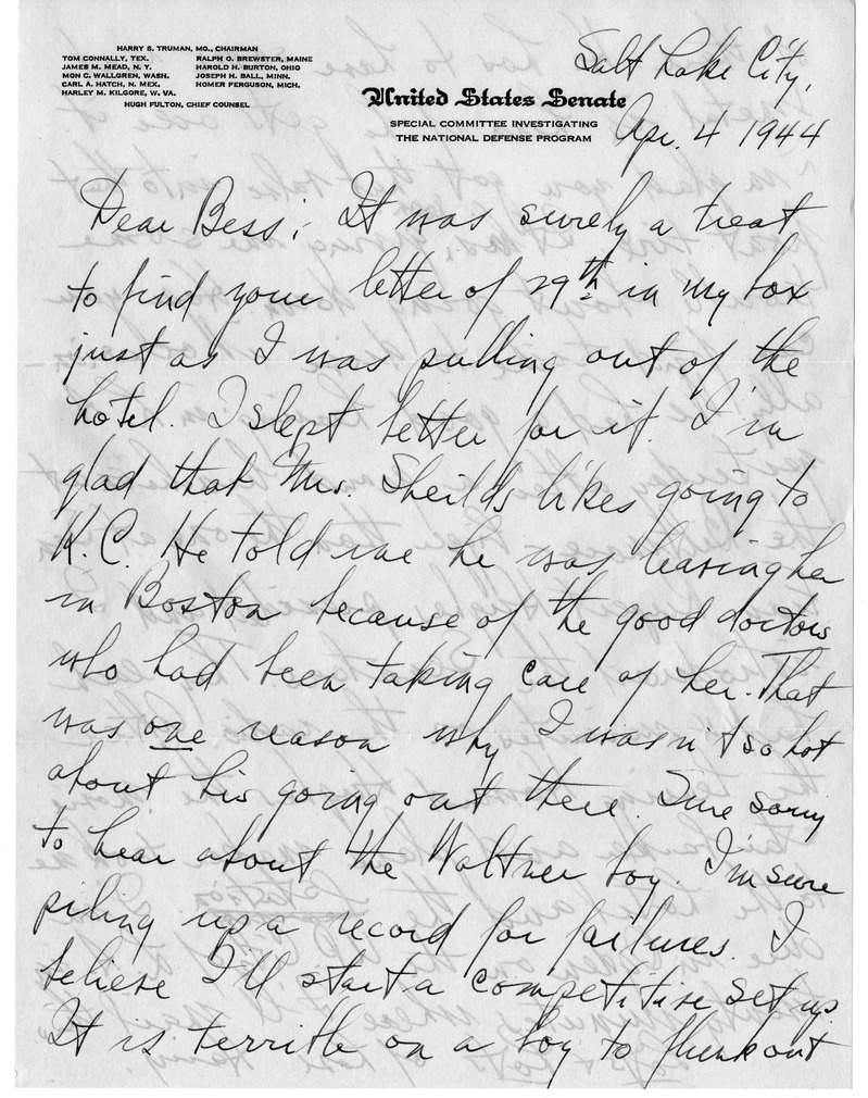 Letter from Harry S. Truman to Bess W. Truman