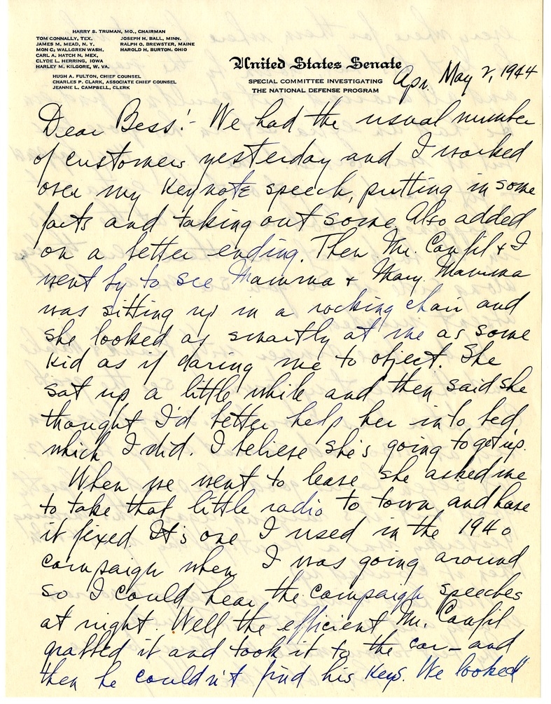 Letter from Harry S. Truman to Bess W. Truman