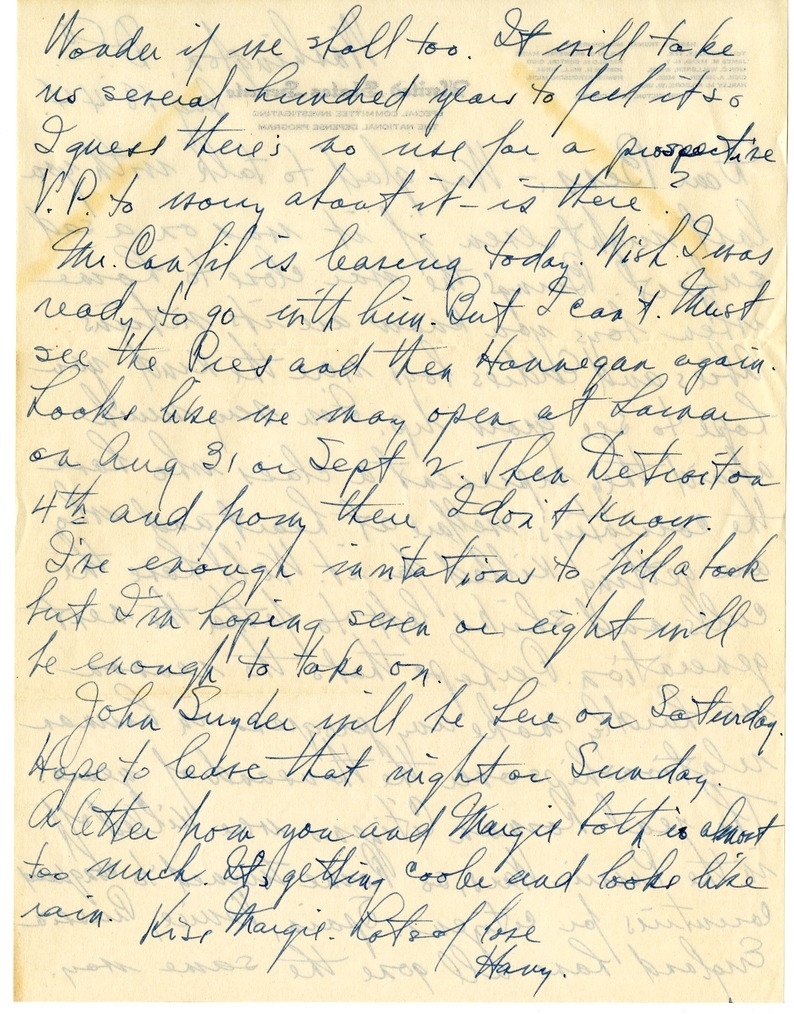 Letter from Harry S. Truman to Bess W. Truman