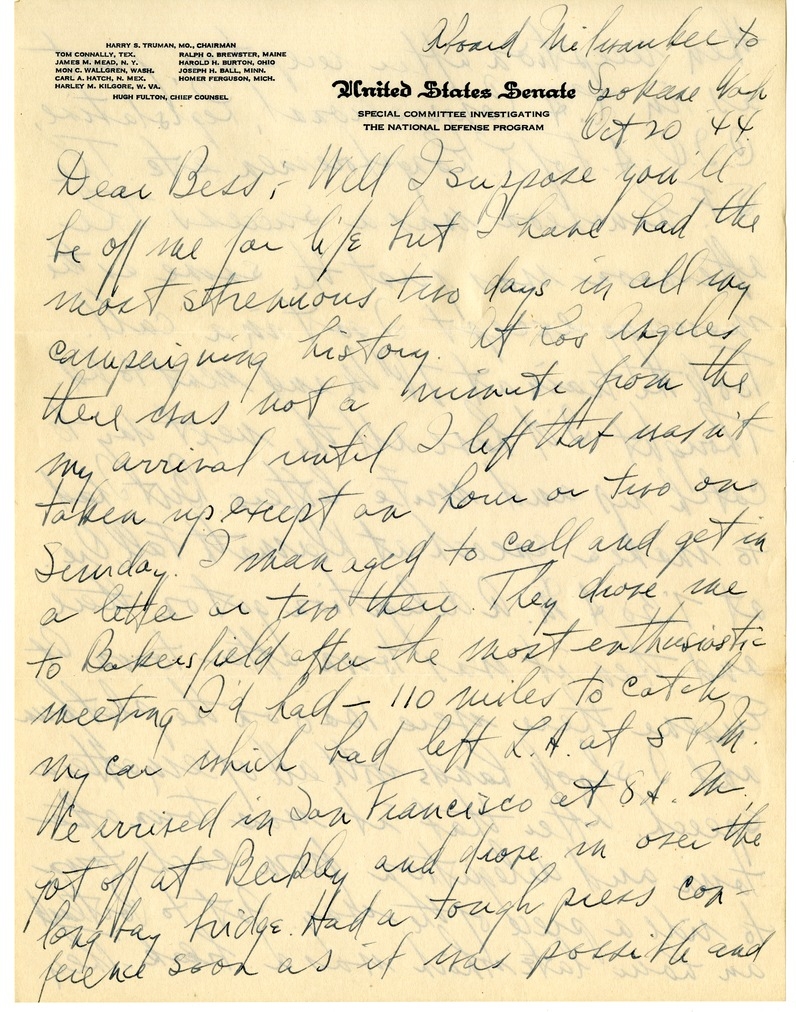 Letter from Harry S. Truman to Bess W. Truman