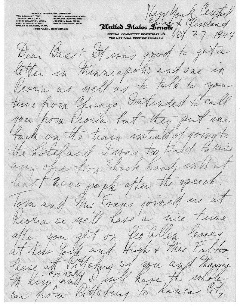 Letter from Harry S. Truman to Bess W. Truman