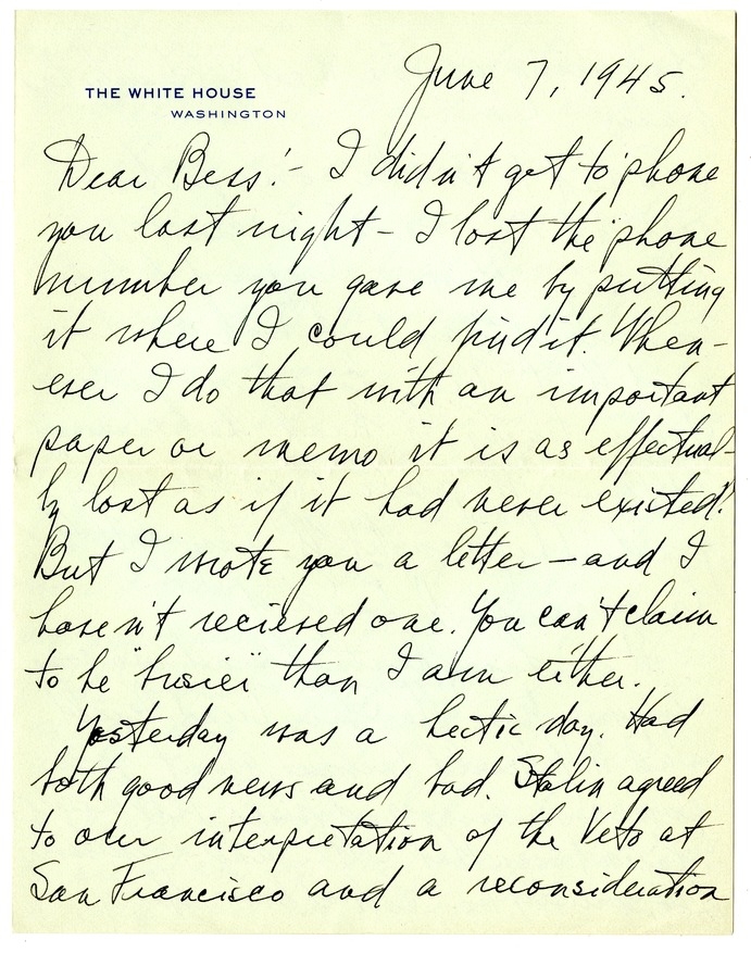 Letter from Harry S. Truman to Bess W. Truman