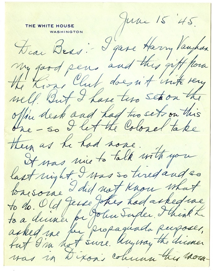 Letter from Harry S. Truman to Bess W. Truman