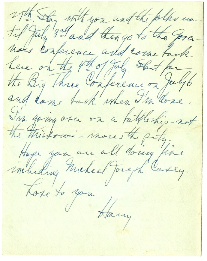 Letter from Harry S. Truman to Bess W. Truman