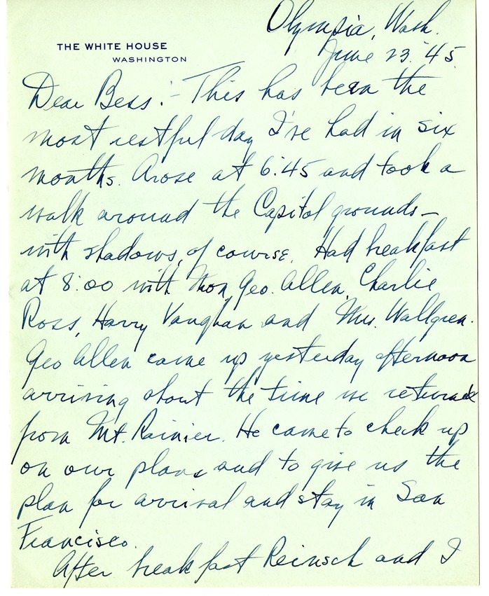 Letter from Harry S. Truman to Bess W. Truman