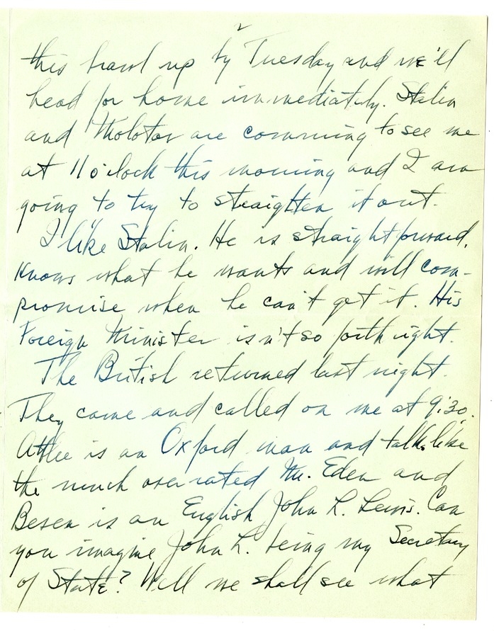 Letter from Harry S. Truman to Bess W. Truman