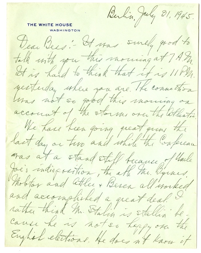 Letter from Harry S. Truman to Bess W. Truman