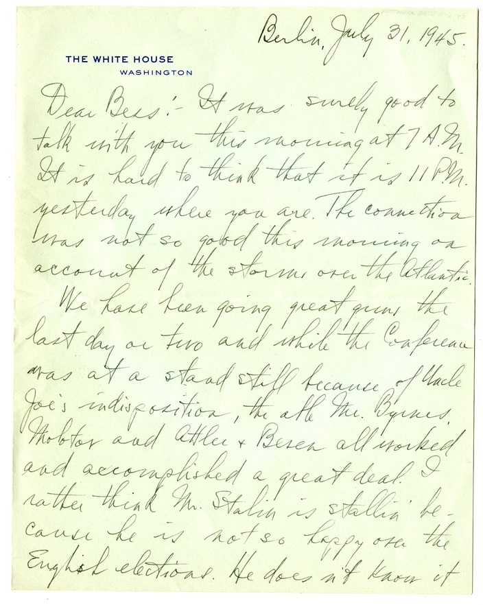 Letter from Harry S. Truman to Bess W. Truman